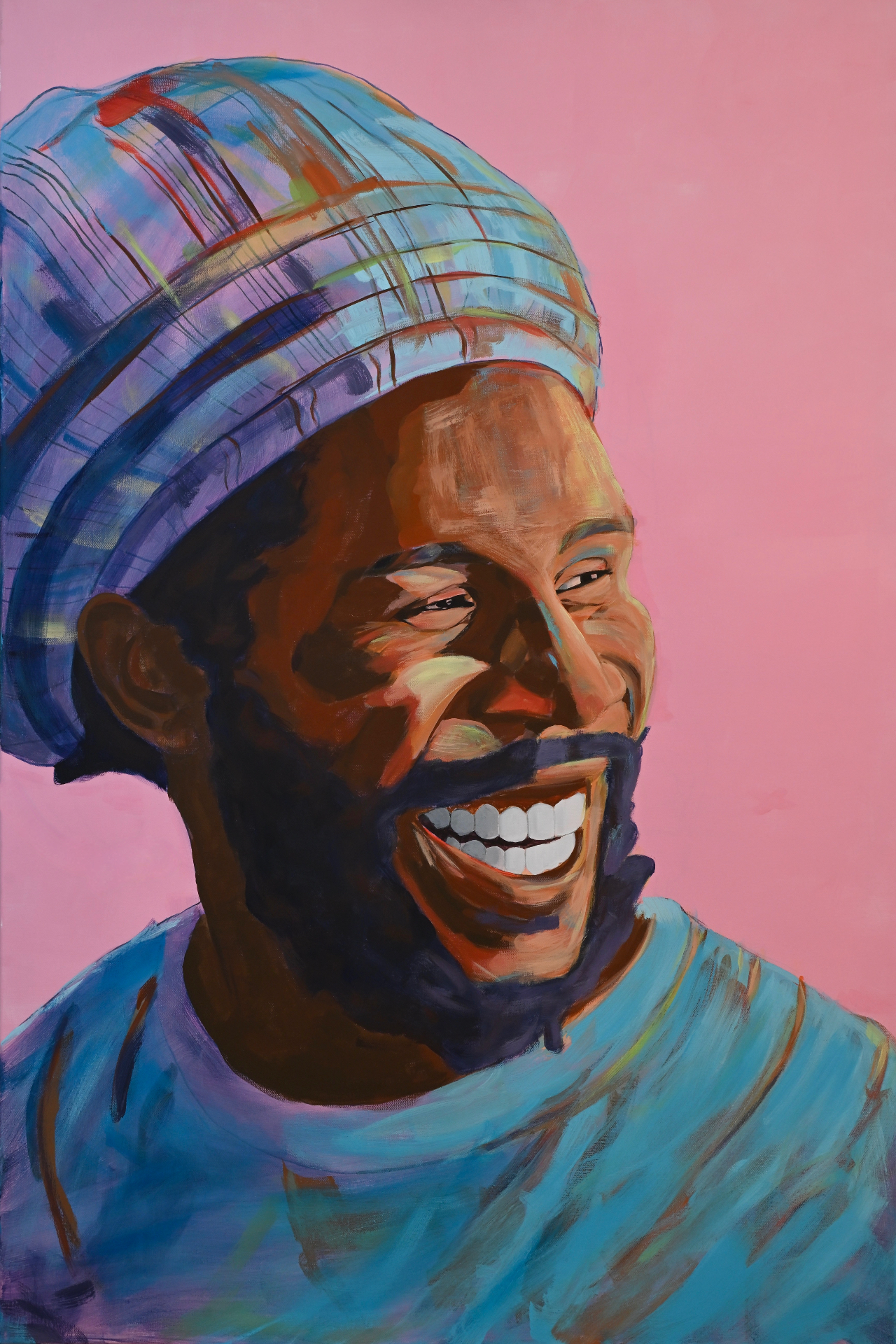 Chronixx painting — laughing man, pink background