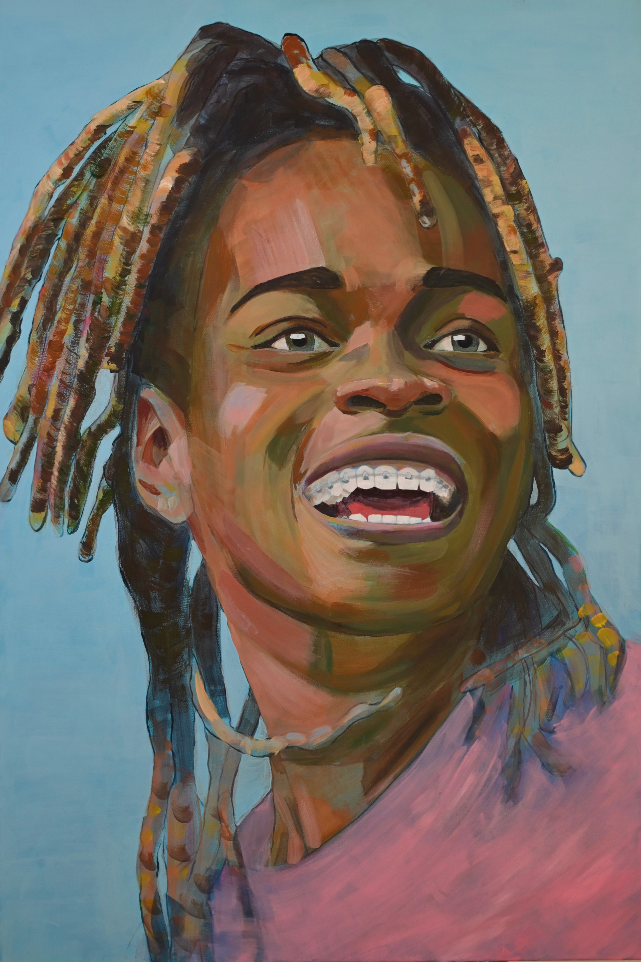 Koffee painting — young woman, blue background, golden dreadlocks