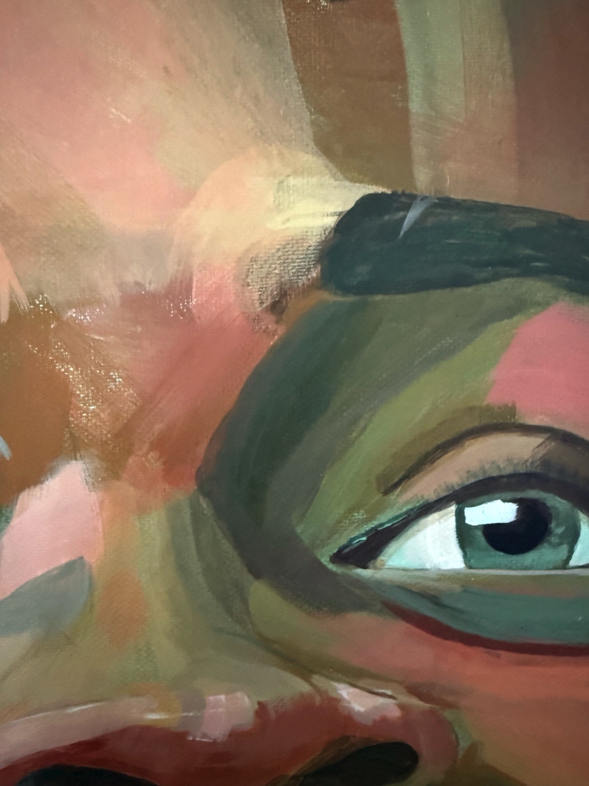 Macro detail of the Koffee painting — brushwork and spray texture close up