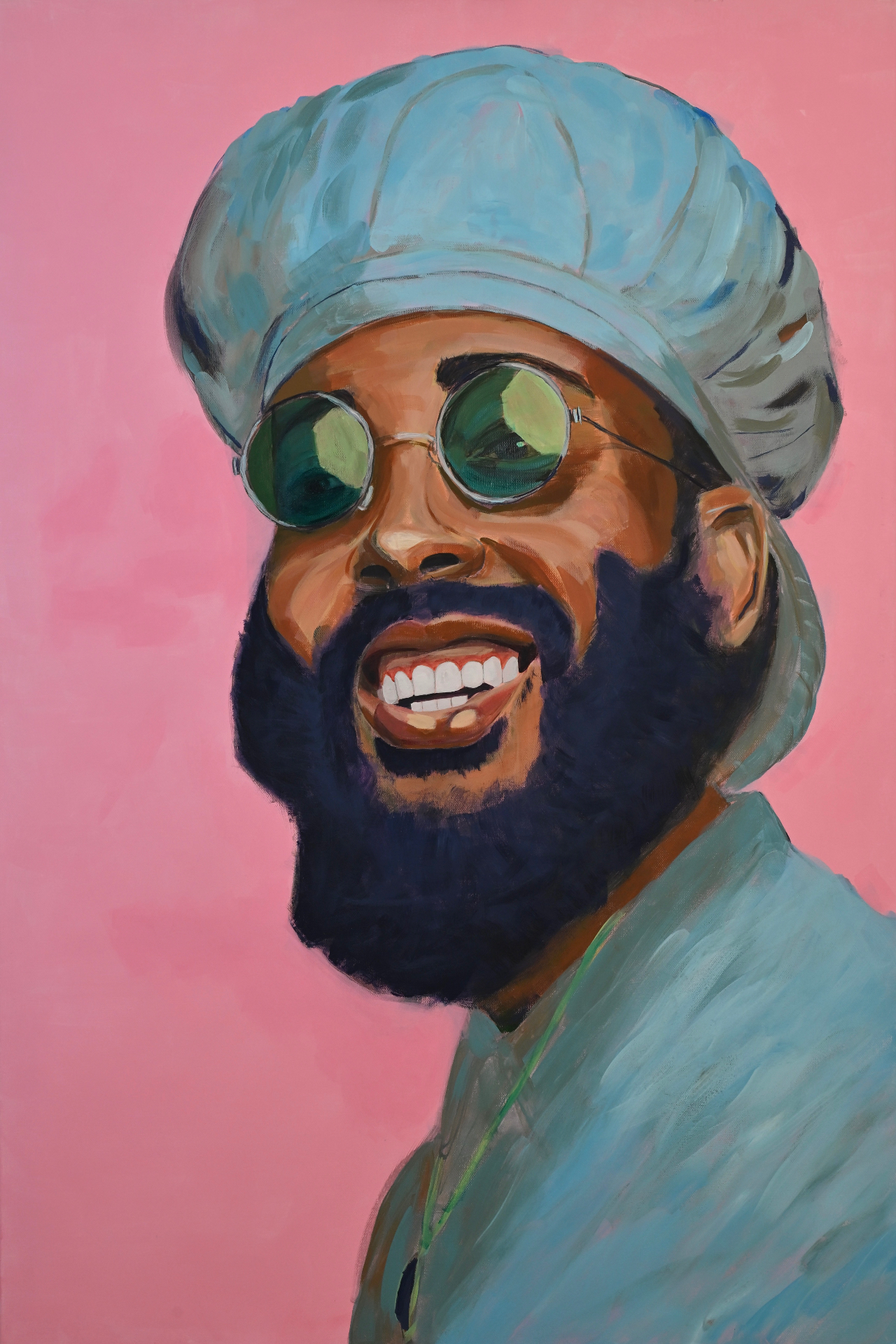 Protoje painting — man with green sunglasses, pink background